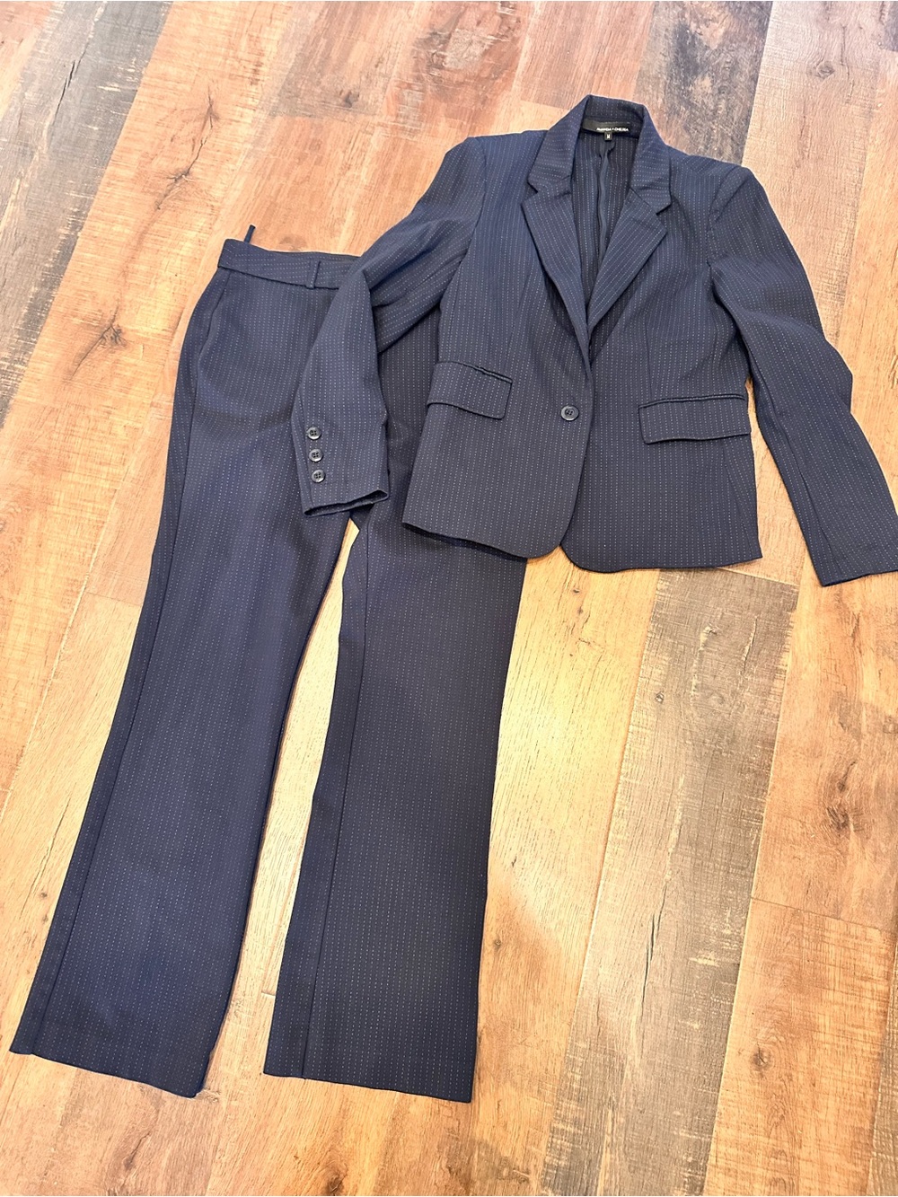Amanda +chelsea ponte knit Navy Pinstripe Pant & Blazer Set jacket M pants 8
